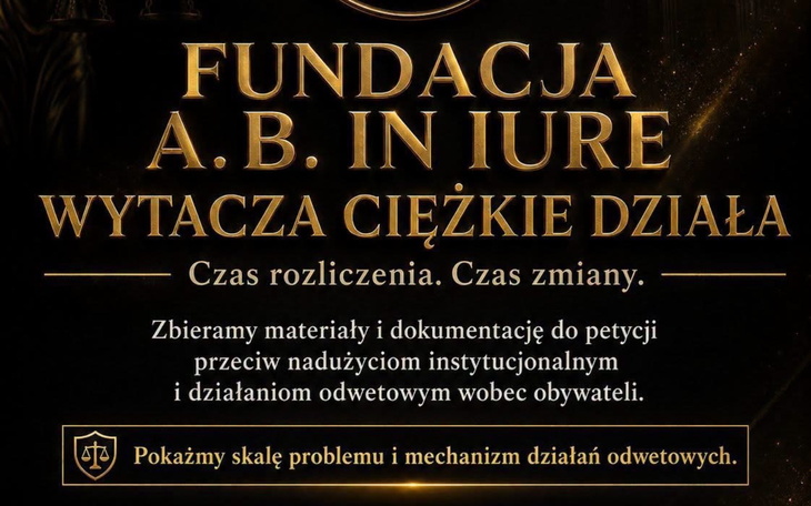 Czarno-złote napisy i logotypy na tle reklamy fundacyjnej A.B.INURE.
