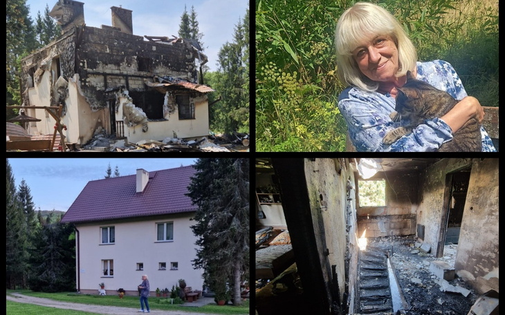 Zniszczony dom po pożarze, ruiny i szkody budynku w lesie.