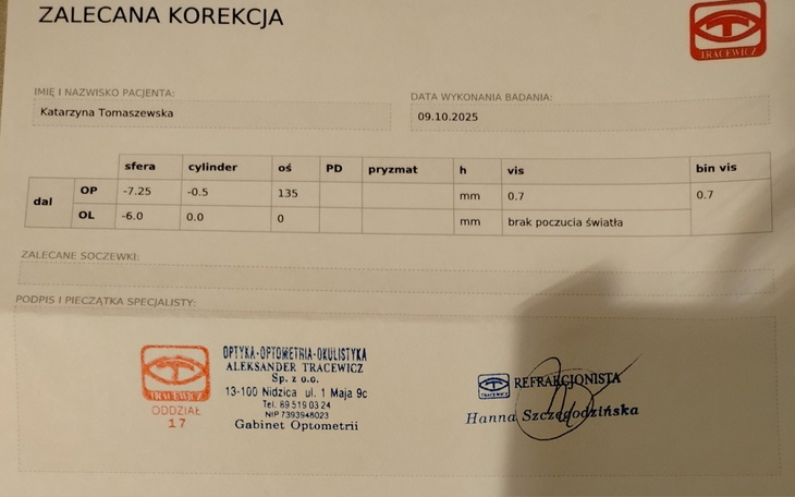 Recepta okulistyczna z danymi pacjenta.