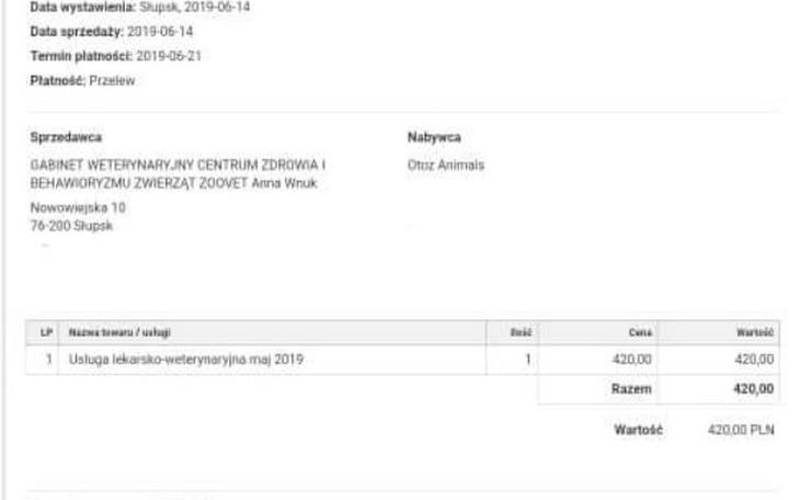 Faktura za usługi weterynaryjne z datą wystawienia.
