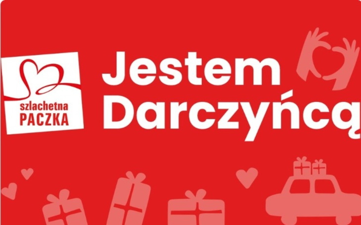 Plakat z napisem 'Jestem Darczyńcą' w czerwonym tle.