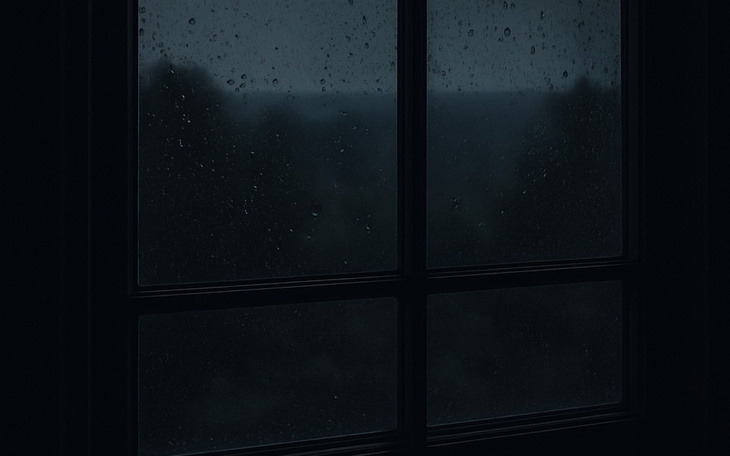 Okno z kroplami deszczu, tworzącymi melancholijny nastrój.