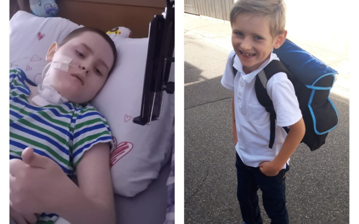 Chłopiec z plecakiem, gotowy na nowy dzień w szkole.