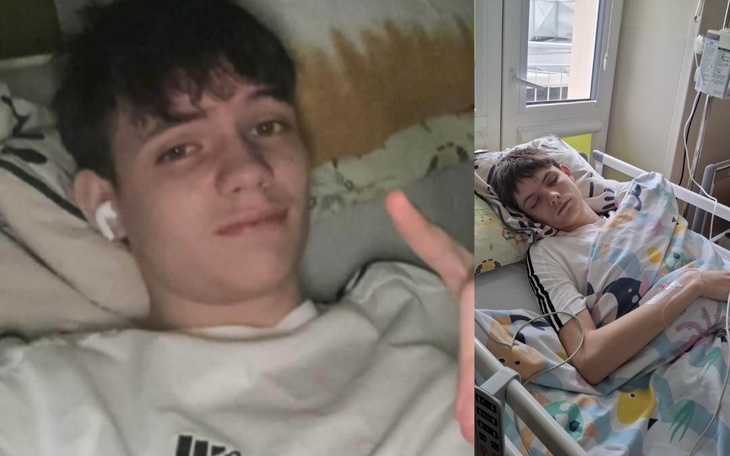 Młody chłopak w szpitalnym łóżku, wygląda na zmęczonego.