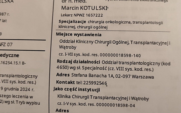 Dokument medyczny z danymi lekarza i adresami.