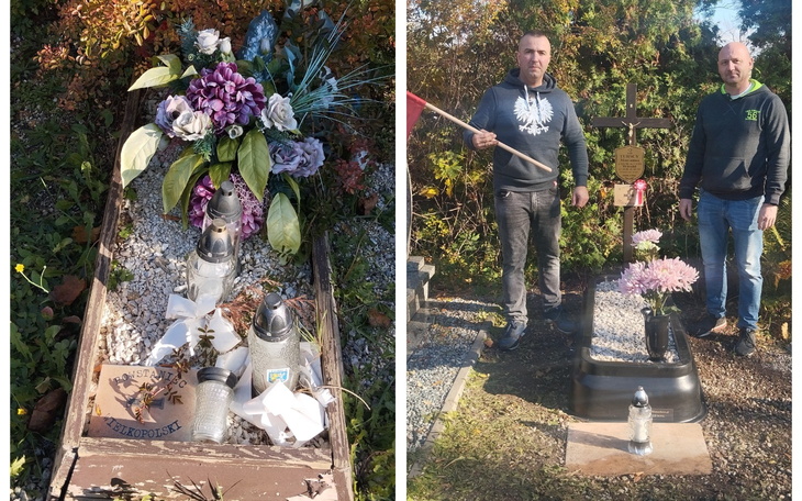 Mężczyźni przy grobie z kwiatami i zniczami.