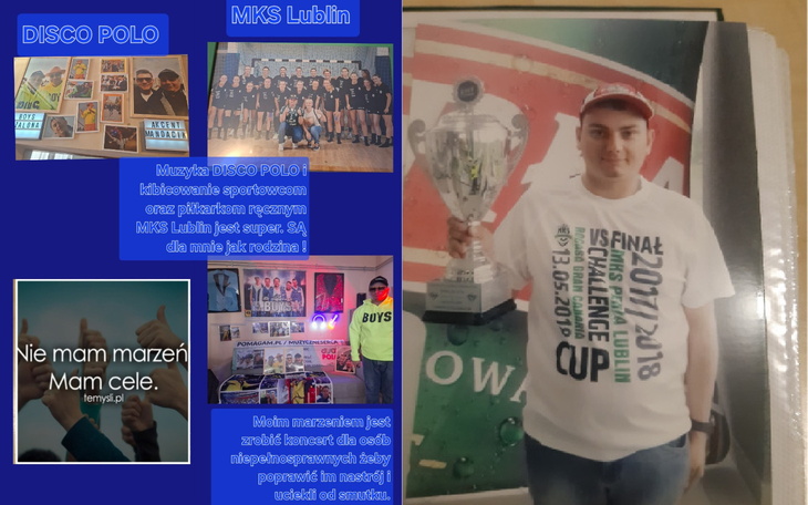 Plakat z osiągnięciami sportowymi i zdjęciem z trofeum.
