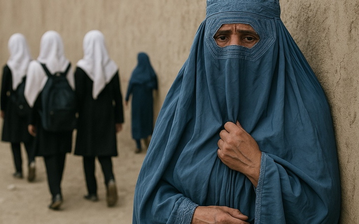 Kobieta w burce, zmartwiona, w tle dzieci w białych chustach.