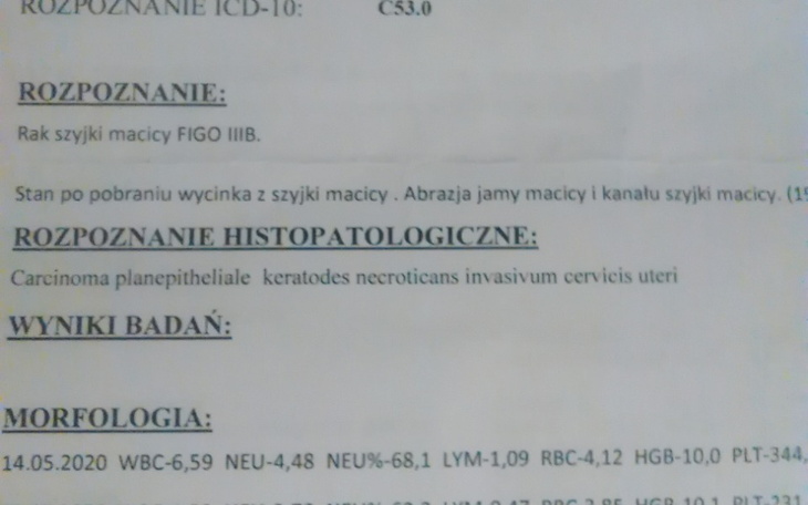 Dokument medyczny z diagnozą raka szyjki macicy.