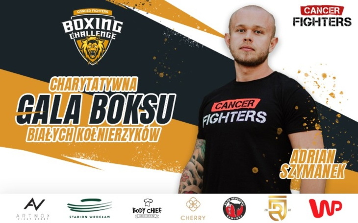 Plakat wydarzenia bokserskiego z zawodnikiem i logo organizacji.