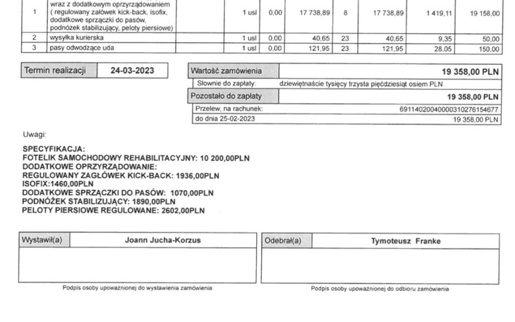 Dokument z informacjami o rehabilitacji, szczegóły finansowe.