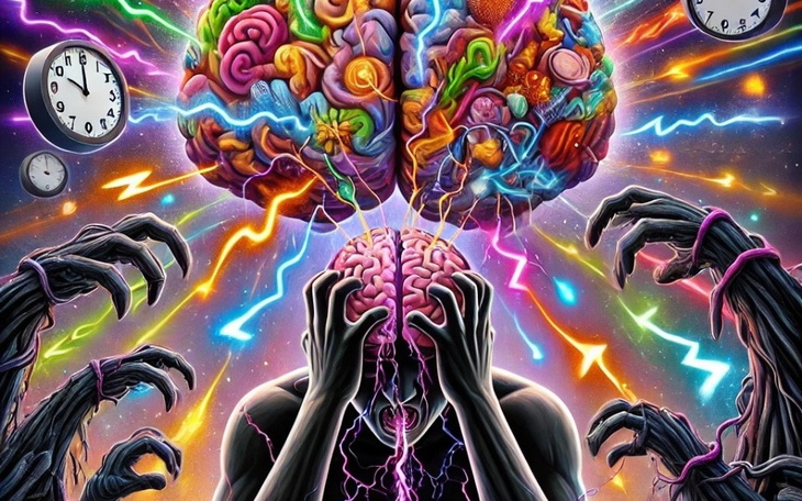 Artystyczna wizja mózgu z kolorowymi elementami, symbolizująca myśli i emocje.