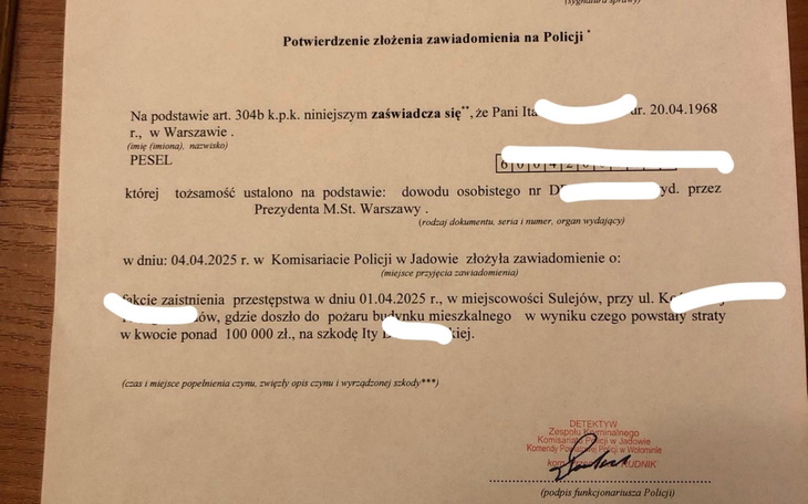 Dokument potwierdzający złożenie zawiadomienia na policji.
