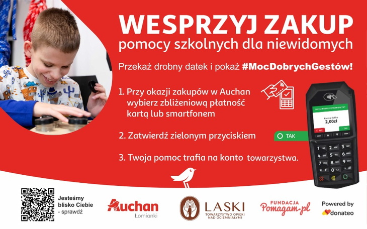 Wsparcie zakupu pomocy szkolnych dla niewidomych dzieci w Auchan.