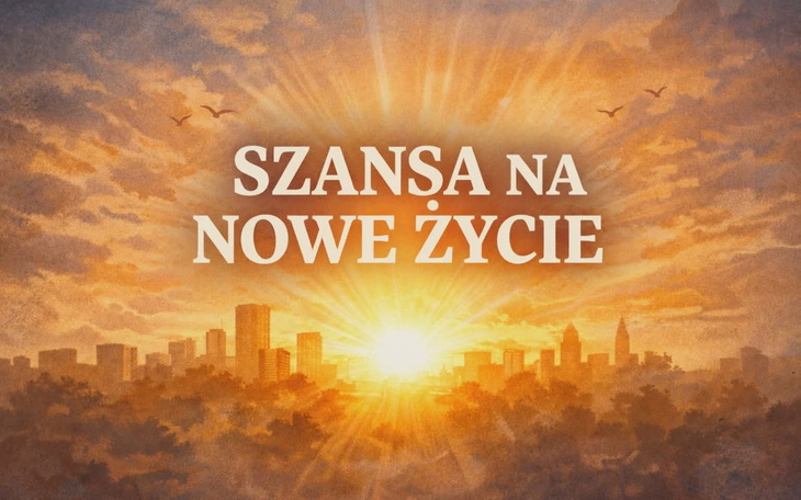 Obrazek z napisem 'Szansa na nowe życie' w tle zachodu słońca.