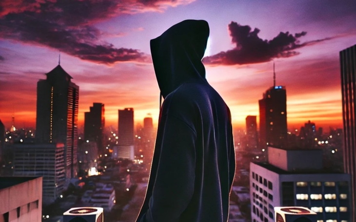 Silhouette osoby w kapturze na tle zachodzącego słońca w mieście.