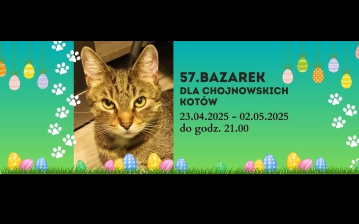 Plakat bazarku dla kotów z datami i grafiką wielkanocną.