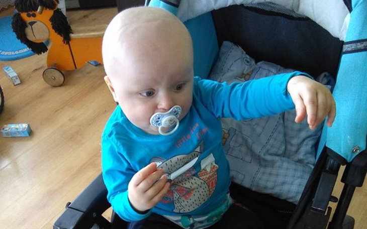 Małe dziecko w wózku, trzymające zabawkę.