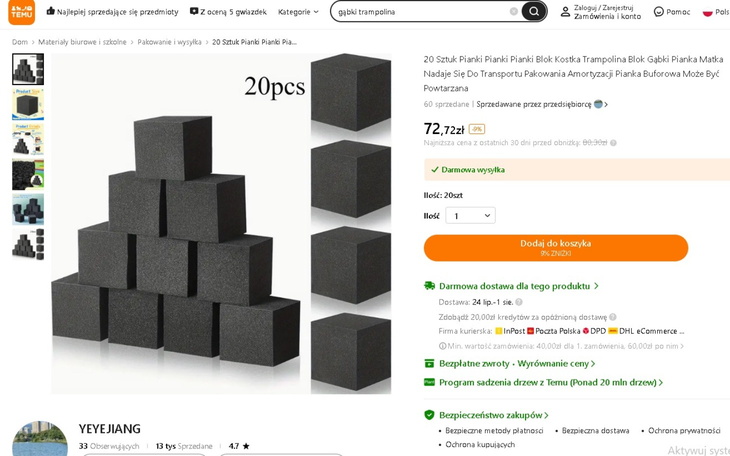 Zestaw czarnych bloków do trampoliny, 20 sztuk w opakowaniu.