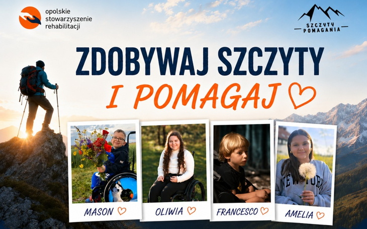 Grupa osób wspierających rehabilitację w pięknej scenerii górskiej.