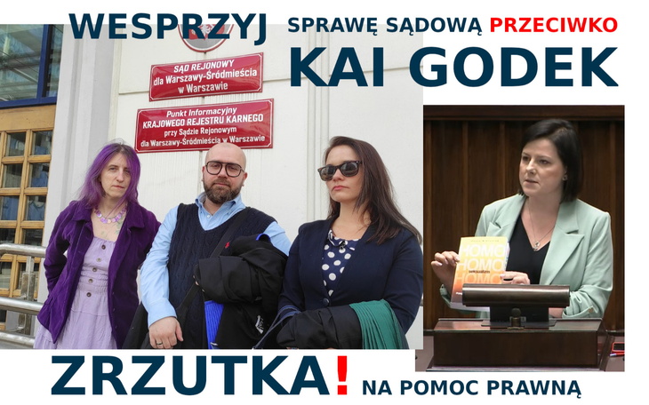 Kolorowa okładka collage z postacią i napisem Zrzutka na pomoc prawną.