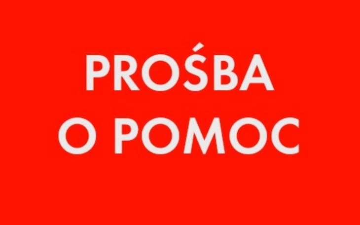 Czerwone tło z napisem 'PROŚBA O POMOC'.
