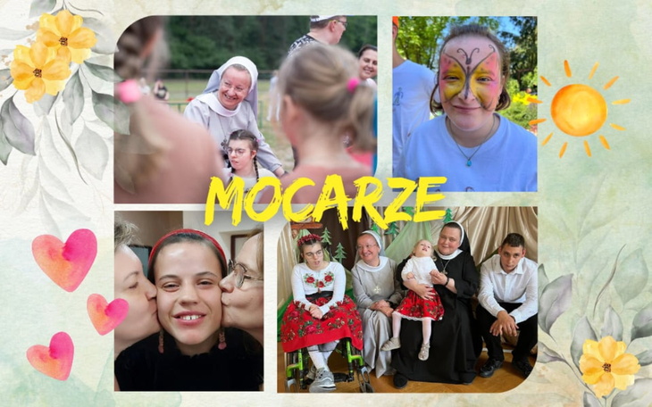 Kolaż zdjęć z wydarzenia, z uśmiechniętymi twarzami i kolorowymi motywami.