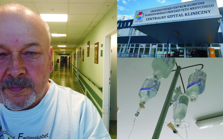 Szpital z kroplówkami, mężczyzna w korytarzu.