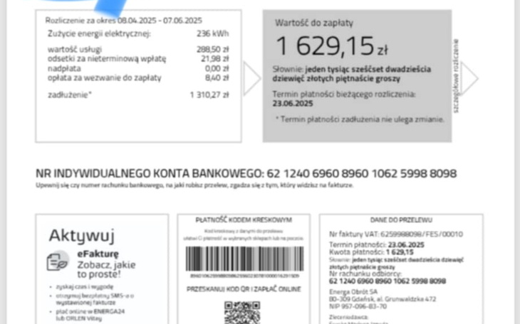 Rachunek za energię elektryczną z informacjami o zużyciu.