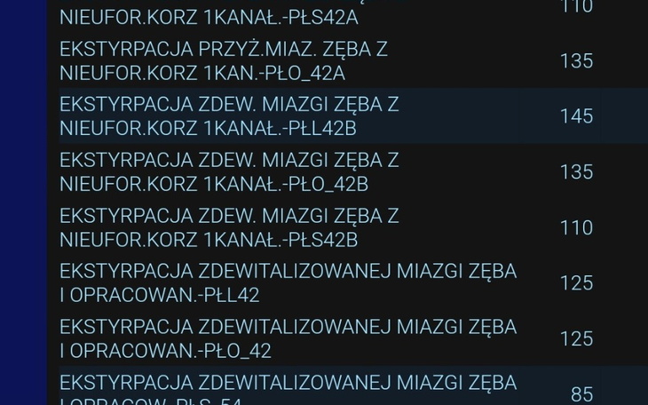 Lista zabiegów dentystycznych z cenami.