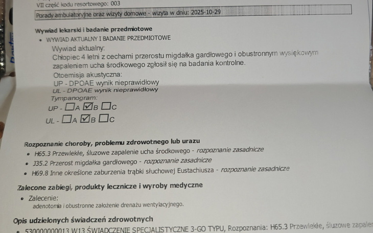 Dokument medyczny z informacjami o badaniach.