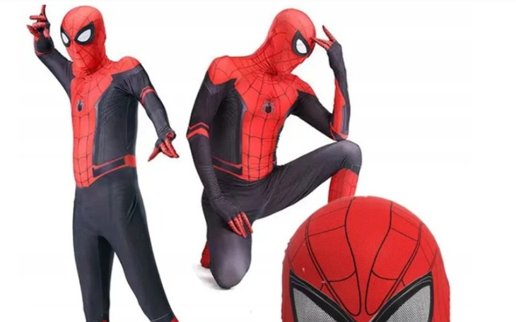 Postać w kostiumie Spider-Mana w różnych pozach.