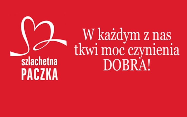 Logo Szlachetnej Paczki z hasłem o czynieniu dobra.