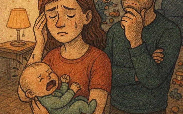 Smutna mama trzymająca płaczące dziecko, obok zmartwiony tata.