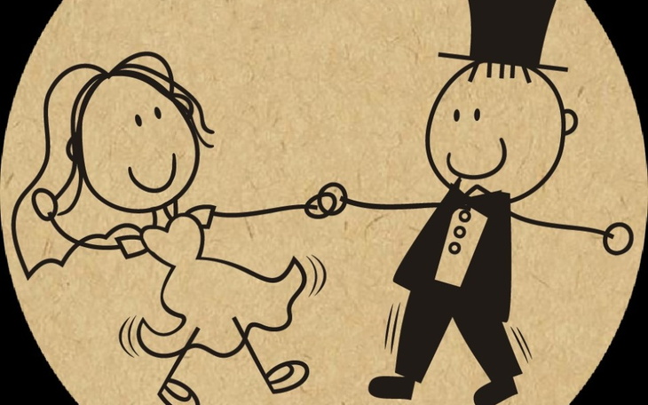 Rysunek pary w strojach ślubnych, trzymających się za ręce.