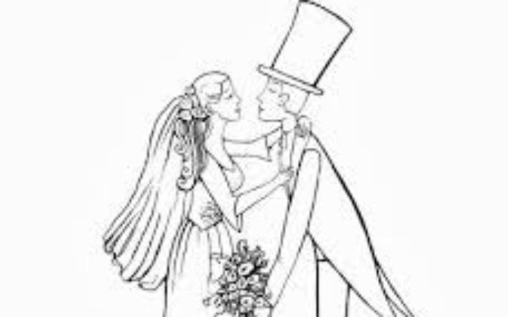 Rysunek pary młodej w eleganckich strojach.