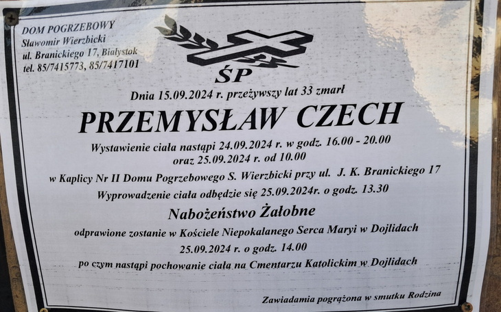 Ogłoszenie o pogrzebie, z datami i informacjami o ceremonii.