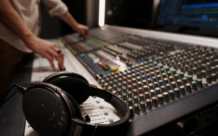 Studio nagraniowe z mikserem i słuchawkami.