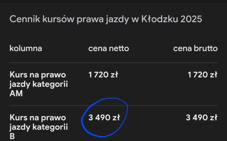 Cennik kursów prawa jazdy z cenami w złotówkach.