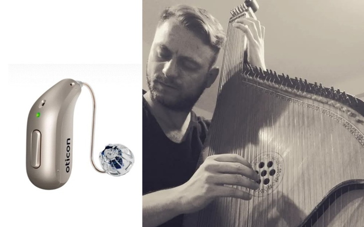Osoba grająca na instrumencie strunowym obok aparatu słuchowego.