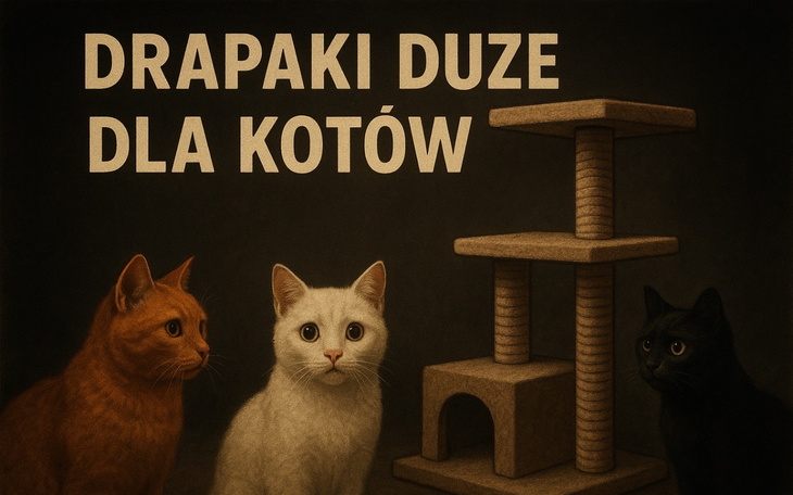 Trzy koty obok dużego drapaka, z napisem 'Drapaki duże dla kotów'.