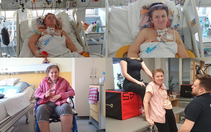 Kobieta w szpitalu, uśmiechająca się po rehabilitacji.