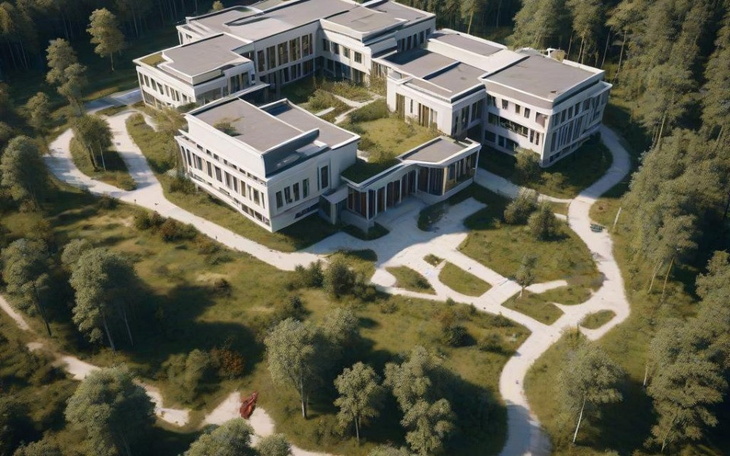 Widok z lotu ptaka na nowoczesny kompleks budynków w lesie.