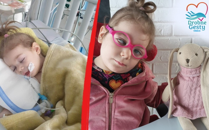 Dziewczynka w szpitalu, z maską tlenową i pluszowym misiem.