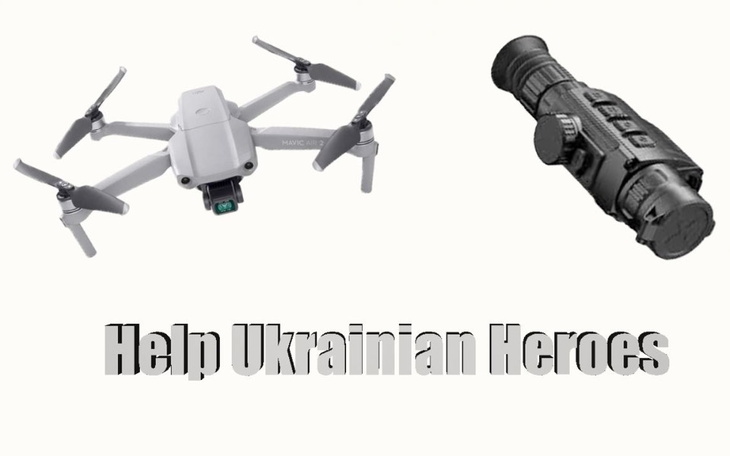 Dron i noktowizor z napisem 'Pomóż Ukraińskim Bohaterom'.