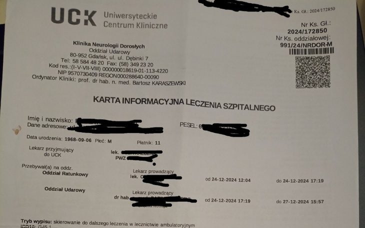 Dokument medyczny z informacjami o pacjencie.