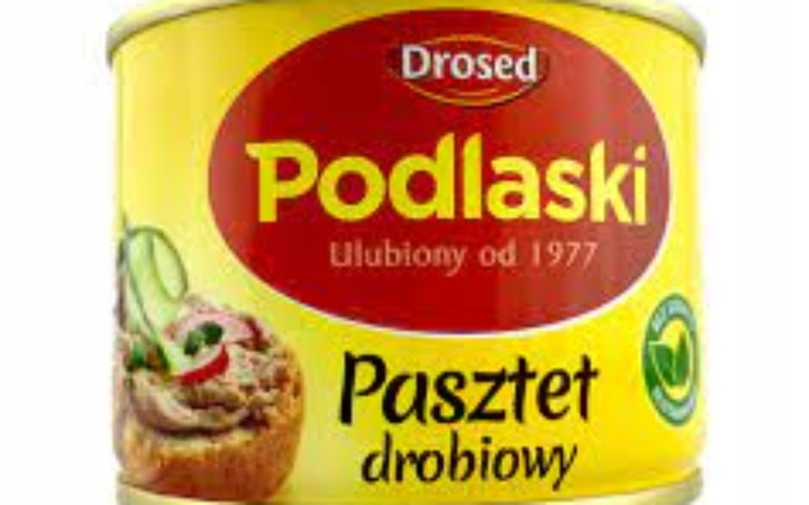 Puszka pasztetu drobiowego z logo Podlaskiego.