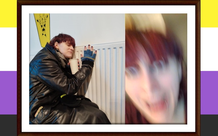 Osoba śpiąca na podłodze z kubkiem w ręku.