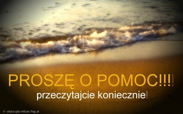 Plaża z falami i napisem o prośbie o pomoc.