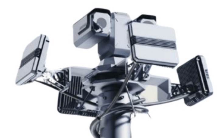 Nowoczesna konstrukcja z wieloma kamerami, z bliska.